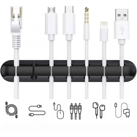 Organizator de Cabluri, Flippy, Autoadeziv, Multifunctional, 7 Locuri de Suport, 11.8x2.2cm, Negru [1]