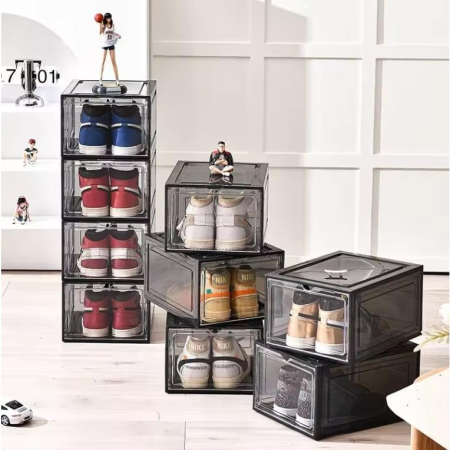 Organizator de Pantofi, Flippy, din PP+ABS, Usa Frontala Magnetica, Rezistenta la Praf, Anti-Oxidare, Utilizare Multipla, 36 x 28 x 21 cm, Gri Transparent [2]