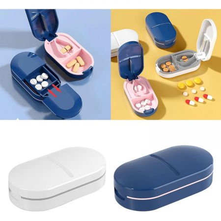 Organizator medicamente, Flippy, Dispozitiv Taiere/Sfaramare Pastile, Ideala pentru Calatorii, Portabila, Perie pentru Curatare, Compartiment depozitare, 8.5x4.5x2.5 cm, Alb [4]