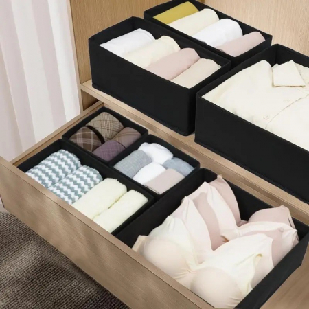 Organizator pentru Sertar, Flippy, 3 Marimi, pentru Lenjerie, Tricouri, Sosete, 6 Piese, Pliabil, Stivuibil, din Tesatura, Negru [4]