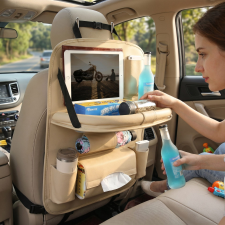 Organizator Spate Scaun Auto, Flippy, Masa Pliabila, Piele Ecologica, Impermeabil, Suport pentru Tableta, Sortare Lucruri si Protejare Tapiterie, 40 x 63cm, Bej [3]