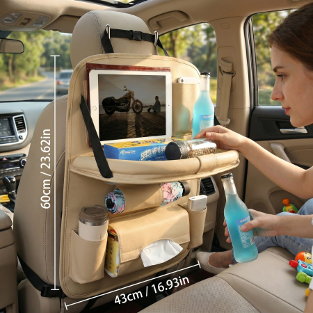 Organizator Spate Scaun Auto, Flippy, Masa Pliabila, Piele Ecologica, Impermeabil, Suport pentru Tableta, Sortare Lucruri si Protejare Tapiterie, 40 x 63cm, Bej [2]