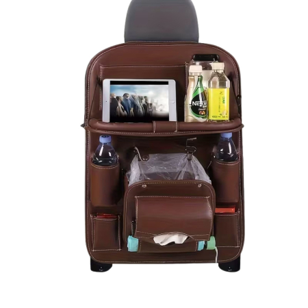 Sub 99 Lei - Organizator Spate Scaun Auto, Flippy, Masa Pliabila, Piele Ecologica, Impermeabil, Suport pentru Tableta, Sortare Lucruri si Protejare Tapiterie, 40 x 63cm, Maro