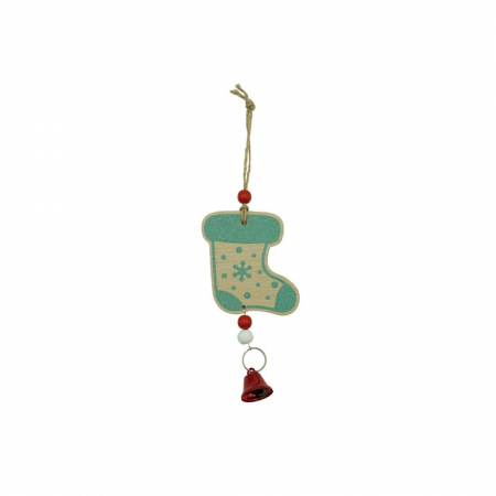 Decoratiuni, ornamente si articole Craciun - Ornament de brad ciorap cu clopotel, Flippy, multicolor, lemn, 17 cm