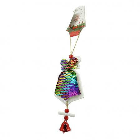 Decoratiuni, ornamente si articole Craciun - Ornament de brad clopotel din paiete, Flippy, multicolor, lemn, 18 cm