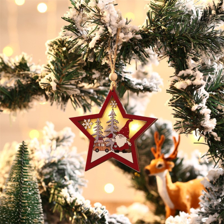 Ornament de Brad, Flippy, cu Lumini LED, din Lemn, Figurina Elf, Model Stea, Multicolor [1]