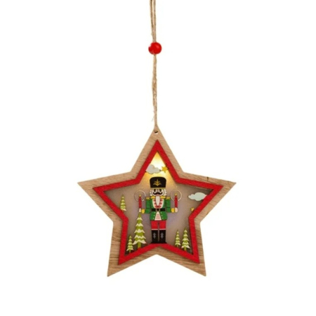 Ornament de Brad, Flippy, cu Lumini LED, din Lemn, Figurina Spargatorul de Nuci, Model Stea, Multicolor [0]