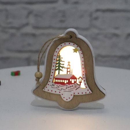Ornament de Brad, Flippy, cu Lumini LED, din Lemn, Model Clopot, Multicolor [1]
