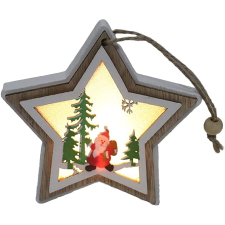 Casă și camping - Ornament de Brad, Flippy, cu Lumini LED, din Lemn, Model Stea, Multicolor