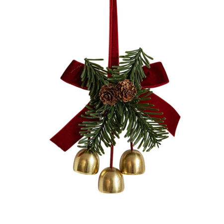 Ornament de Brad, Flippy, tip Funda de Craciun cu 3 Clopotei Aurii si Conuri de Brad, Panglica Rosie de Velvet, 16 x 11 cm, Rosu [4]