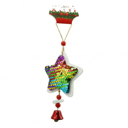 Decoratiuni, ornamente si articole Craciun - Ornament de brad stea din paiete, Flippy, multicolor, lemn, 18 cm