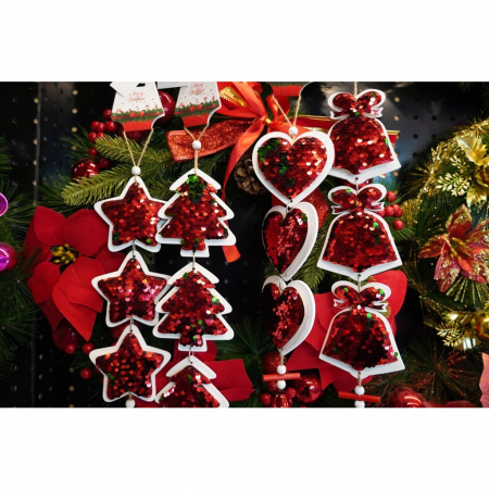 Decoratiuni, ornamente si articole Craciun - Ornament de brad trei brazi cu paiete, Flippy, rosu, lemn, 36 cm