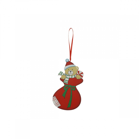 Decoratiuni, ornamente si articole Craciun - Ornament de brad ursulet, Flippy, rosu, lemn, 14 cm