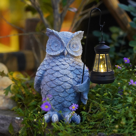 Ornament de Decor pentru Gradina cu LED, Flippy, Model Bufnita cu Felinar, Decoratiune Exterioara pentru Casa si Gradina, din Rasina, 21.5x15 cm, Gri [2]