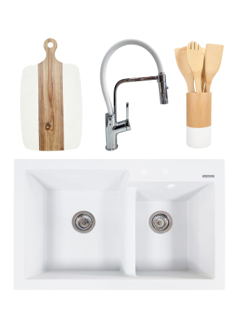 Pentru Casa si Camping - PACHET Chiuveta de bucatarie din granit compozit cu 2 cuve Edyta + Baterie flexibila Andra alb + tocator + ustensile din bambus pentru gatit - Alb