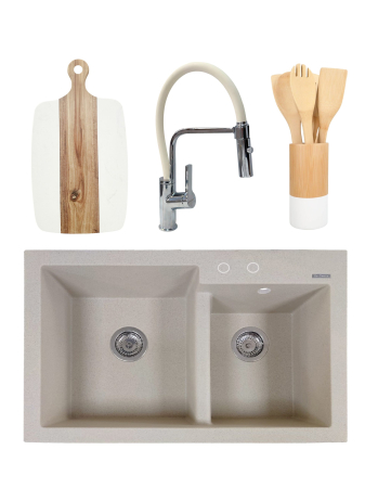 Pentru Casa si Camping - PACHET Chiuveta de bucatarie din granit compozit cu 2 cuve Edyta + Baterie flexibila Andra alb + tocator + ustensile din bambus pentru gatit - Bej