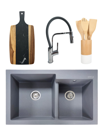 Pentru Casa si Camping - PACHET Chiuveta de bucatarie din granit compozit cu 2 cuve Edyta + Baterie flexibila Andra alb + tocator + ustensile din bambus pentru gatit - Gri