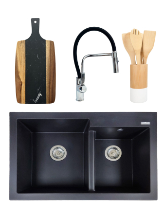 Pentru Casa si Camping - PACHET Chiuveta de bucatarie din granit compozit cu 2 cuve Edyta + Baterie flexibila Andra alb + tocator + ustensile din bambus pentru gatit - Negru
