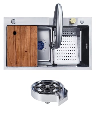Pentru Casa si Camping - PACHET Chiuveta de bucatarie multifunctionala handmade din inox Sandonna HD6850 cu baterie, tavite de scurgere si dispenser de sapun + spalator de pahare - Inox