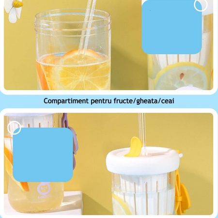 Pahar din silicon, cu capac si pai, pentru copii, Flippy, anti-cadere, compartiment pentru fructe/ceai/gheata, rezistent la temperaturi inalte, 500ml, Alb, 14.5x8.8x20 cm [4]