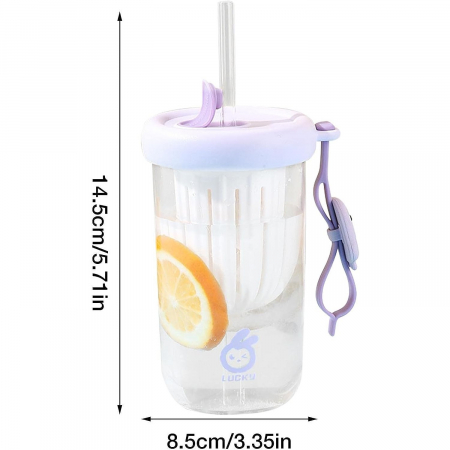 Pahar din silicon, cu capac si pai, pentru copii, Flippy, anti-cadere, compartiment pentru fructe/ceai/gheata, rezistent la temperaturi inalte, 500ml, Mov, 14.5x8.8x20 cm [4]