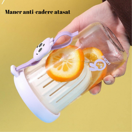 Pahar din silicon, cu capac si pai, pentru copii, Flippy, anti-cadere, compartiment pentru fructe/ceai/gheata, rezistent la temperaturi inalte, 500ml, Mov, 14.5x8.8x20 cm [2]