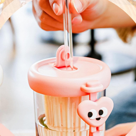 Pahar din silicon, cu capac si pai, pentru copii, Flippy, anti-cadere, compartiment pentru fructe/ceai/gheata, rezistent la temperaturi inalte, 500ml, Roz, 14.5x8.8x20 cm [3]