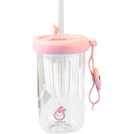 Bucatarie si electrocasnice - Pahar din silicon, cu capac si pai, pentru copii, Flippy, anti-cadere, compartiment pentru fructe/ceai/gheata, rezistent la temperaturi inalte, 500ml, Roz, 14.5x8.8x20 cm