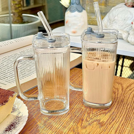 Pahar pentru Racoritoare, Flippy, din Sticla, 330 ml, cu Pai si Maner, Model Clear Dungi Verticale, Transparent [3]