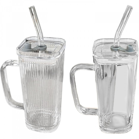 Pahar pentru Racoritoare, Flippy, din Sticla, 330 ml, cu Pai si Maner, Model Clear Dungi Verticale, Transparent [4]