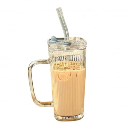 Pentru Casa si Camping - Pahar pentru Racoritoare, Flippy, din Sticla, 330 ml, cu Pai si Maner, Model Clear Dungi Verticale, Transparent