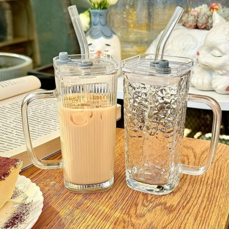 Pahar pentru Racoritoare, Flippy, din Sticla, 330 ml, cu Pai si Maner, Model Clear Dungi Verticale, Transparent [6]