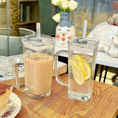 Pahar pentru Racoritoare, Flippy, din Sticla, 330 ml, cu Pai si Maner, Model Clear Dungi Verticale, Transparent [7]