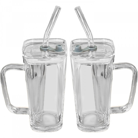 Pahar pentru Racoritoare, Flippy, din Sticla, 330 ml, cu Pai si Maner, Model Clear, Transparent [2]