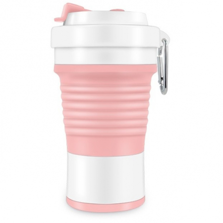 Pentru Casa si Camping - Pahar pliabil din silicon Flippy, pentru calatorii, camping, 750 ml, pai inclus, 11.6 x 19.3 cm, roz