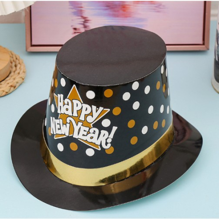 Palarie Tip Lincoln, Flippy, Model Happy New Year cu Buline, Accesoriu Petrecere de Anul Nou, Marime Universala, din Carton, Negru/Auriu [1]