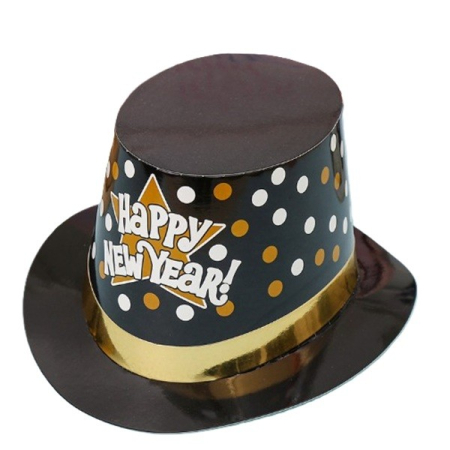 Sub 99 Lei - Palarie Tip Lincoln, Flippy, Model Happy New Year cu Buline, Accesoriu Petrecere de Anul Nou, Marime Universala, din Carton, Negru/Auriu