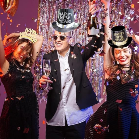 Palarie Tip Lincoln, Flippy, Model Happy New Year cu Ceasuri, Accesoriu Petrecere de Anul Nou, Marime Universala, din Carton, Negru/Argintiu [2]