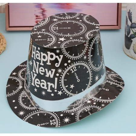 Palarie Tip Lincoln, Flippy, Model Happy New Year cu Ceasuri, Accesoriu Petrecere de Anul Nou, Marime Universala, din Carton, Negru/Argintiu [1]