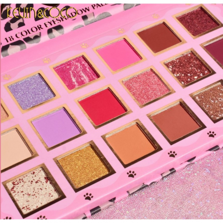 Paleta de farduri Kevin&amp;Coco, 18 nuante, imprimeu leopard-print roz, oglinda interioara, dreptunghiulara, 19 x 10 cm, 180 g, multicolor [1]