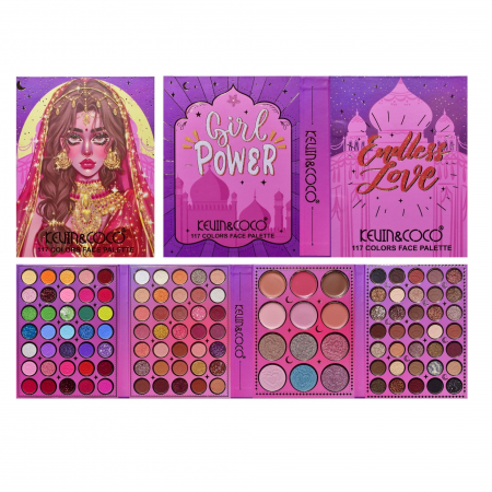 Paleta de Machiaj, KEVIN &amp;amp; COCO, Girl Power, Fard de Pleoape, Iluminator, Blush Cremos, 117 culori, 19 x 14.8 x 3.4 cm [11]