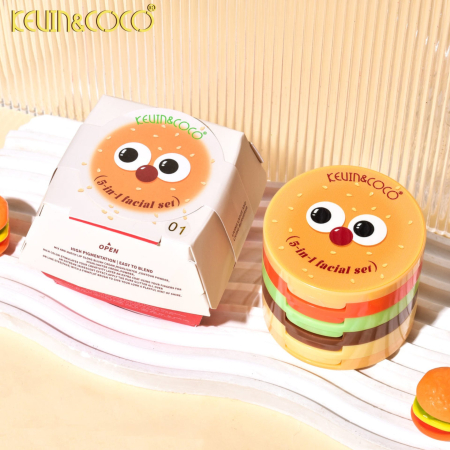 Paleta Multifunctionala, Kevin&amp;Coco, Model Burger, Set Machiaj 5 in 1, Blush, Iluminator, Contur, Pudra, Design Compact, 122 g, 8.7 x 8.7 x 6 cm, Nuanta 01 [1]