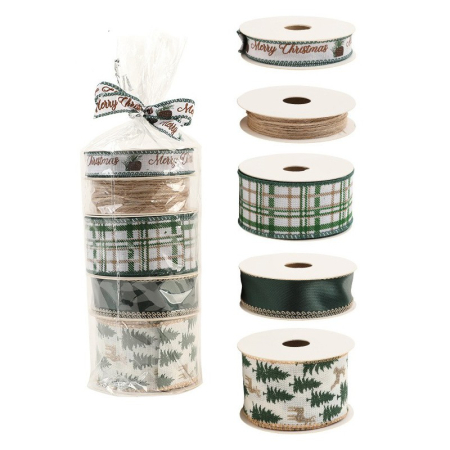 Sub 99 Lei - Panglica Decorativa cu Tematica de Craciun, Flippy, Set din 4 bucat + 1 Rulon Ata Maro, Panglica pentru Cadou de Craciun Brad si Decor, 2 M per bucata, Model Brad, Alb Verde