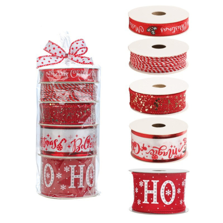 Panglica Decorativa cu Tematica de Craciun, Flippy, Set din 4 bucat + 1 Rulon Ata Rosie Alba, Panglica pentru Cadou de Craciun Brad si Decor, 2 M per bucata, Model HO HO HO, Rosu [0]