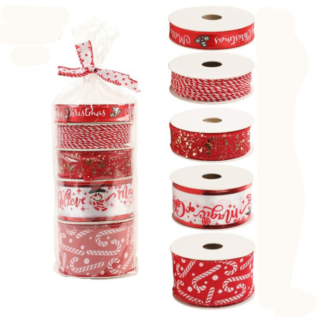 Sub 99 Lei - Panglica Decorativa cu Tematica de Craciun, Flippy, Set din 4 bucat + 1 Rulon Ata Rosie Alba, Panglica pentru Cadou de Craciun Brad si Decor, 2 M per bucata, Model Acadele, Rosu