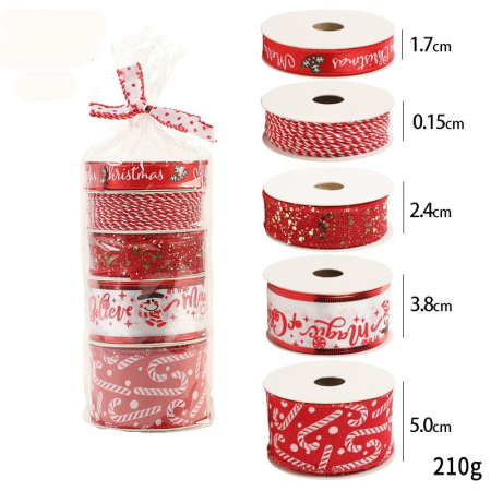 Panglica Decorativa cu Tematica de Craciun, Flippy, Set din 4 bucat + 1 Rulon Ata Rosie Alba, Panglica pentru Cadou de Craciun Brad si Decor, 2 M per bucata, Model Acadele, Rosu [1]