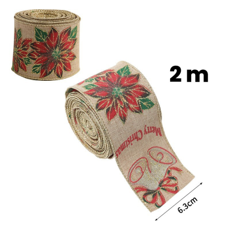 Panglica Decorativa pentru Craciun, Flippy, Ornament pentru Brad de Craciun, Pretreceri, Panglica cu Design Floare Rosie si Merry Christmas, 200 x 6.3 cm, Khaki  [2]
