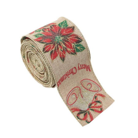 Casă și camping - Panglica Decorativa pentru Craciun, Flippy, Ornament pentru Brad de Craciun, Pretreceri, Panglica cu Design Floare Rosie si Merry Christmas, 200 x 6.3 cm, Khaki 
