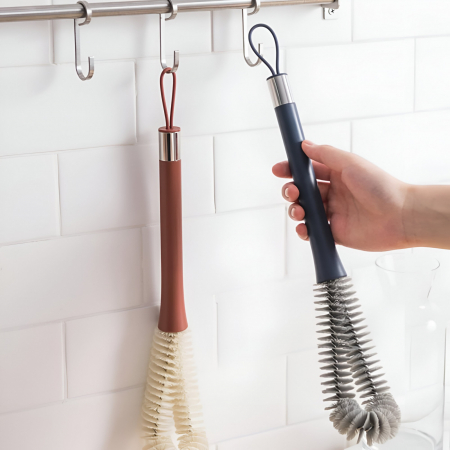 Perie de Curatat Pahare, Sticle, Biberoane, Flippy, cu Maner Lung, Uz Casnic, Silicon, Ergonomic, 3.9x5.4x38.5cm, Rosu [7]