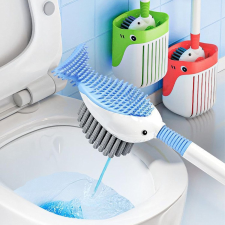 Perie de Toaleta, Flippy, cu Suport de Perete, Recipient Detergent, 2 Tipuri de Perii, Model Balena, Albastru [7]